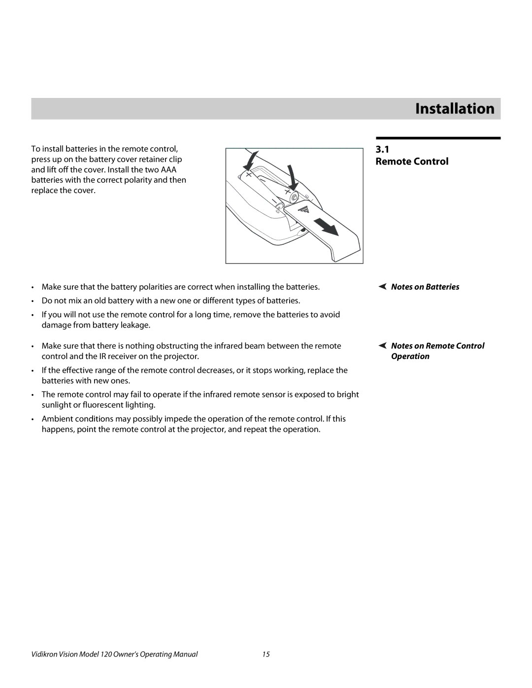 Vidikron v120 manual 3Installation, Remote Control, Operation 