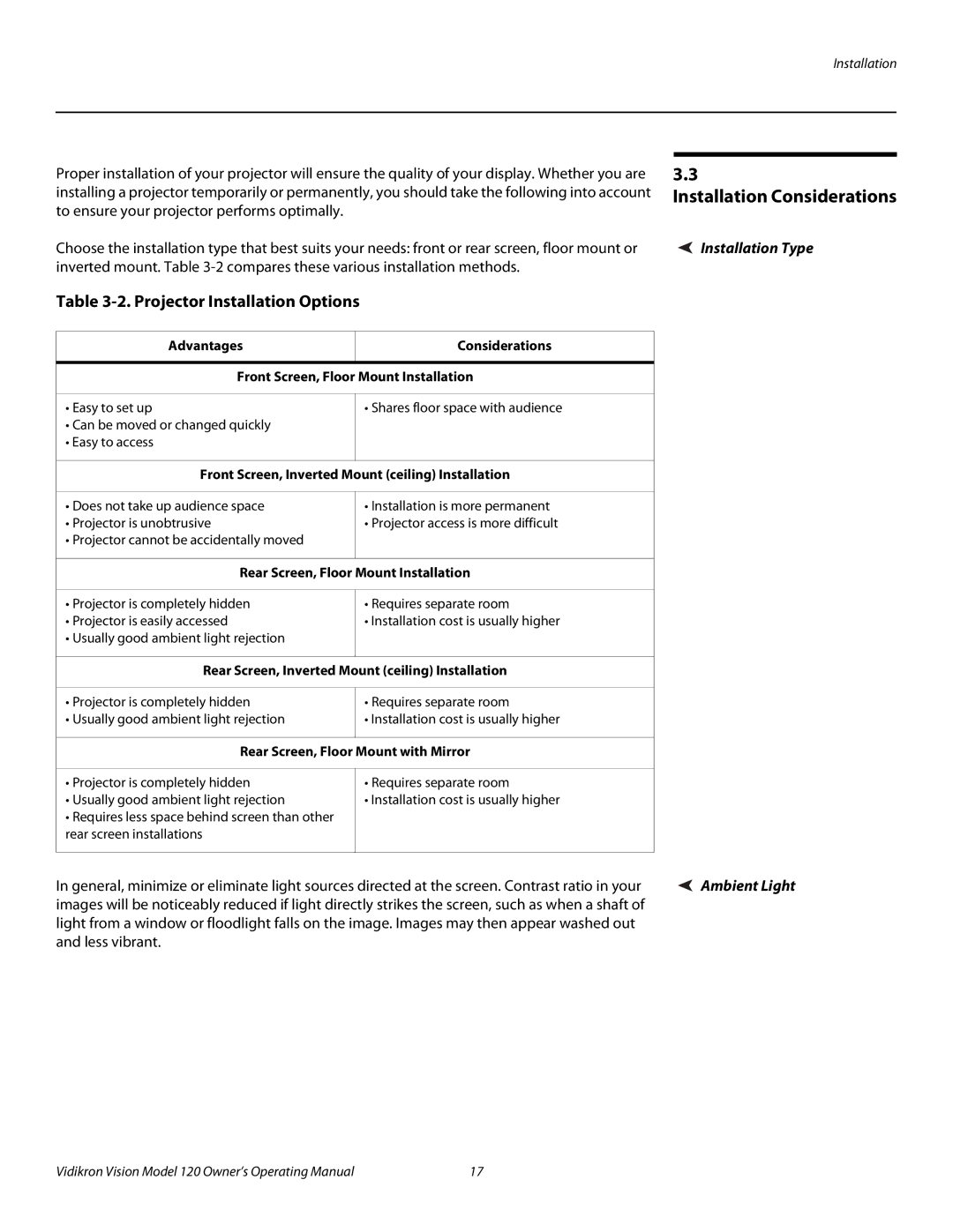 Vidikron v120 Installation Considerations, Projector Installation Options, Installation Type, Advantages Considerations 