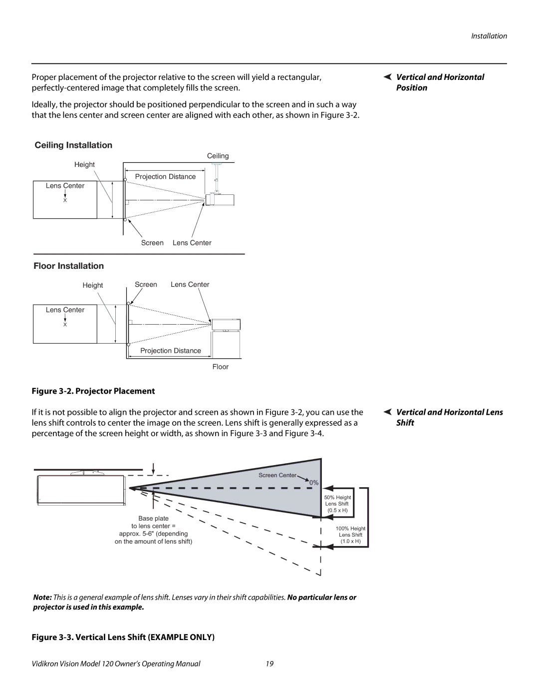 Vidikron v120 manual Vertical and Horizontal, Position, Ceiling Installation, Floor Installation, Shift 