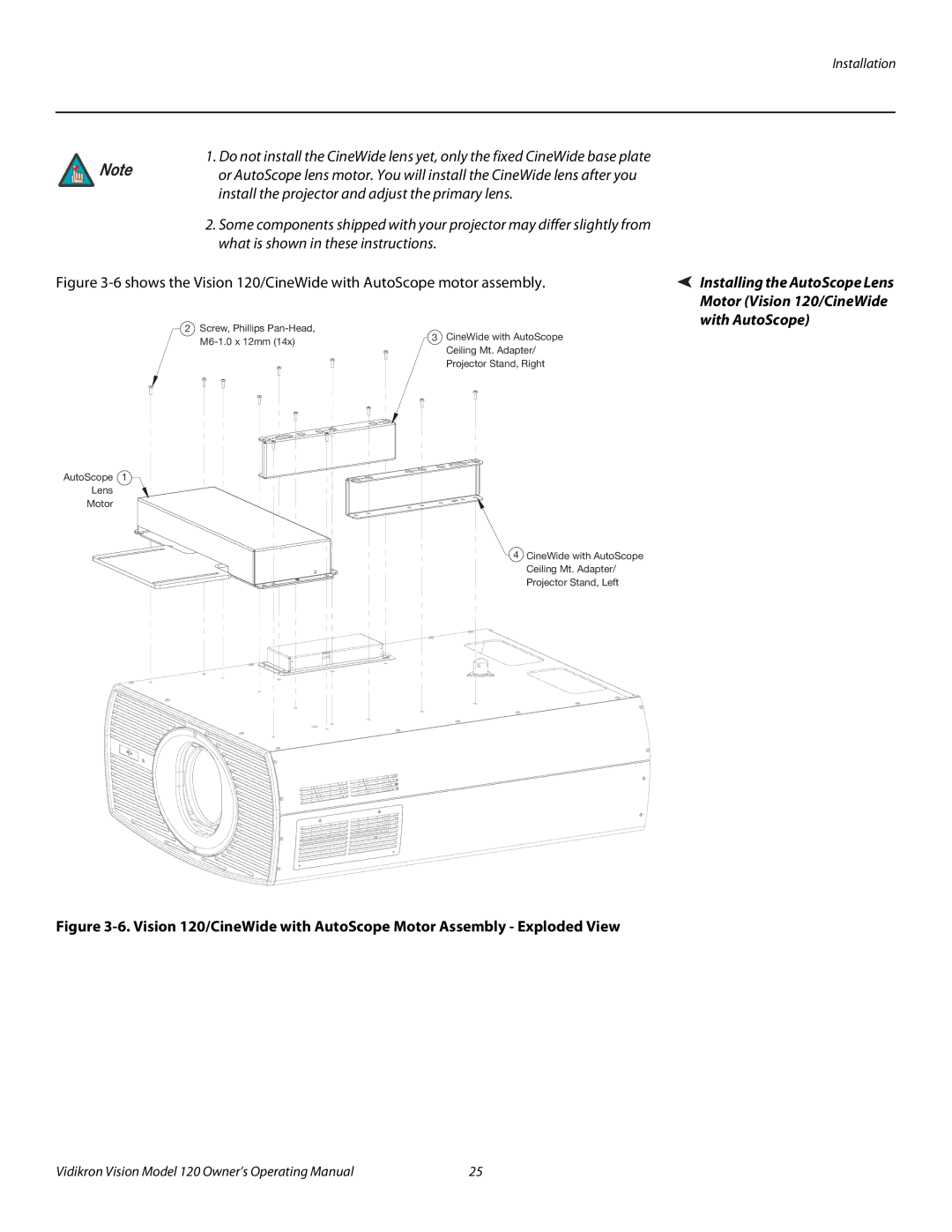 Vidikron v120 manual 6shows the Vision 120/CineWide with AutoScope motor assembly 