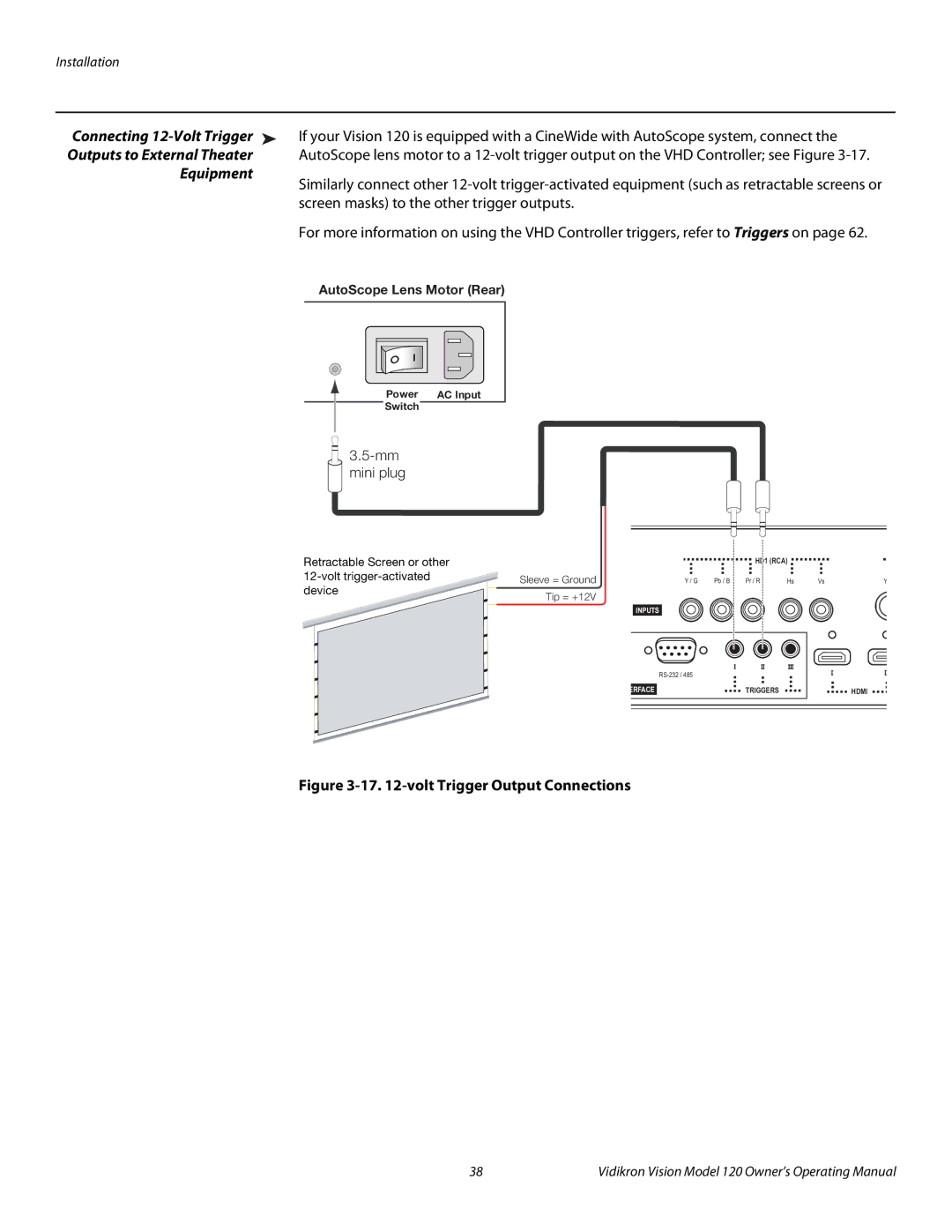 Vidikron v120 manual Connecting 12-Volt Trigger, Equipment 