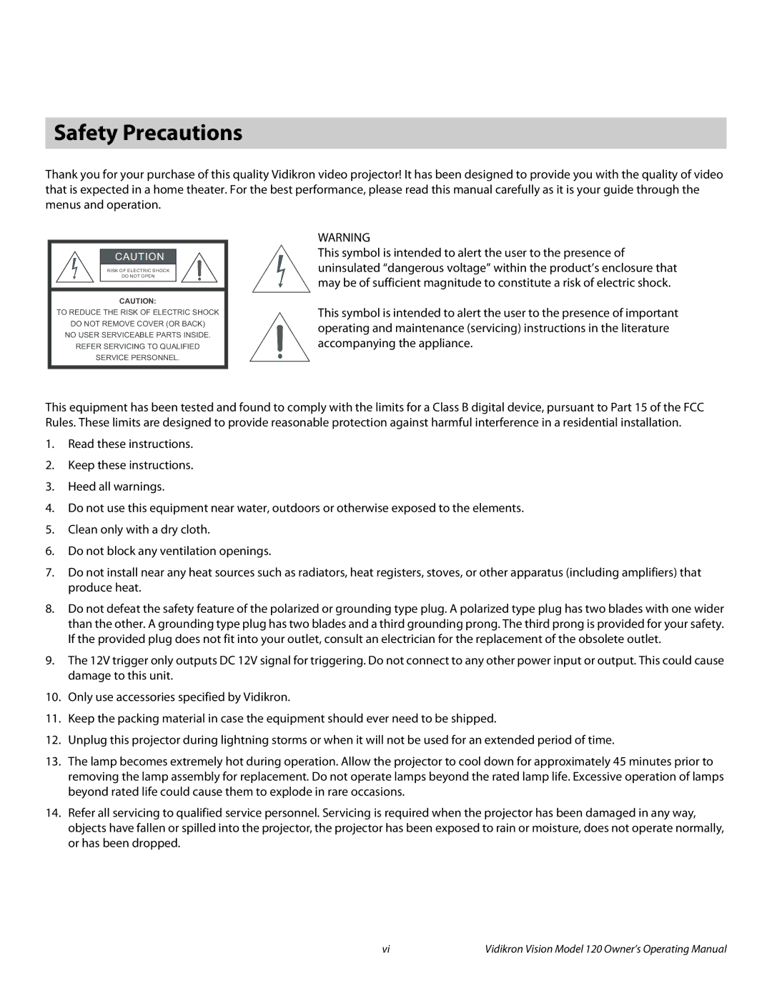 Vidikron v120 manual Safety Precautions 