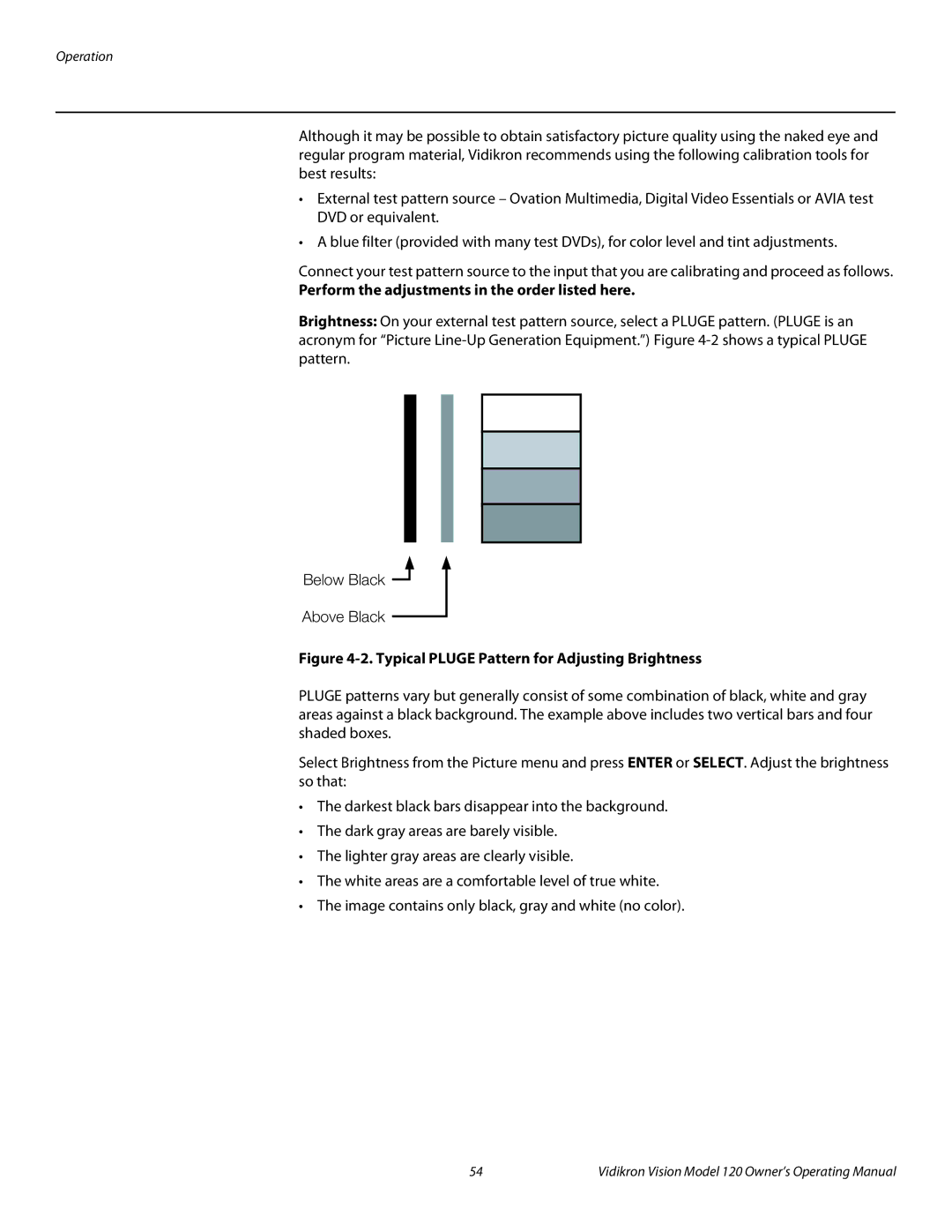 Vidikron v120 manual Perform the adjustments in the order listed here, Typical Pluge Pattern for Adjusting Brightness 