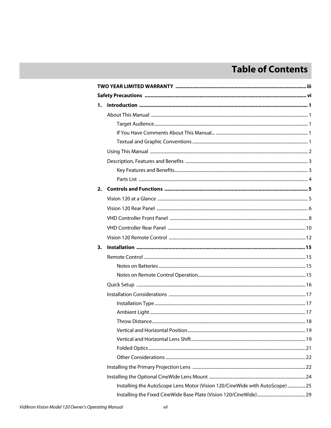 Vidikron v120 manual 1Table of Contents 