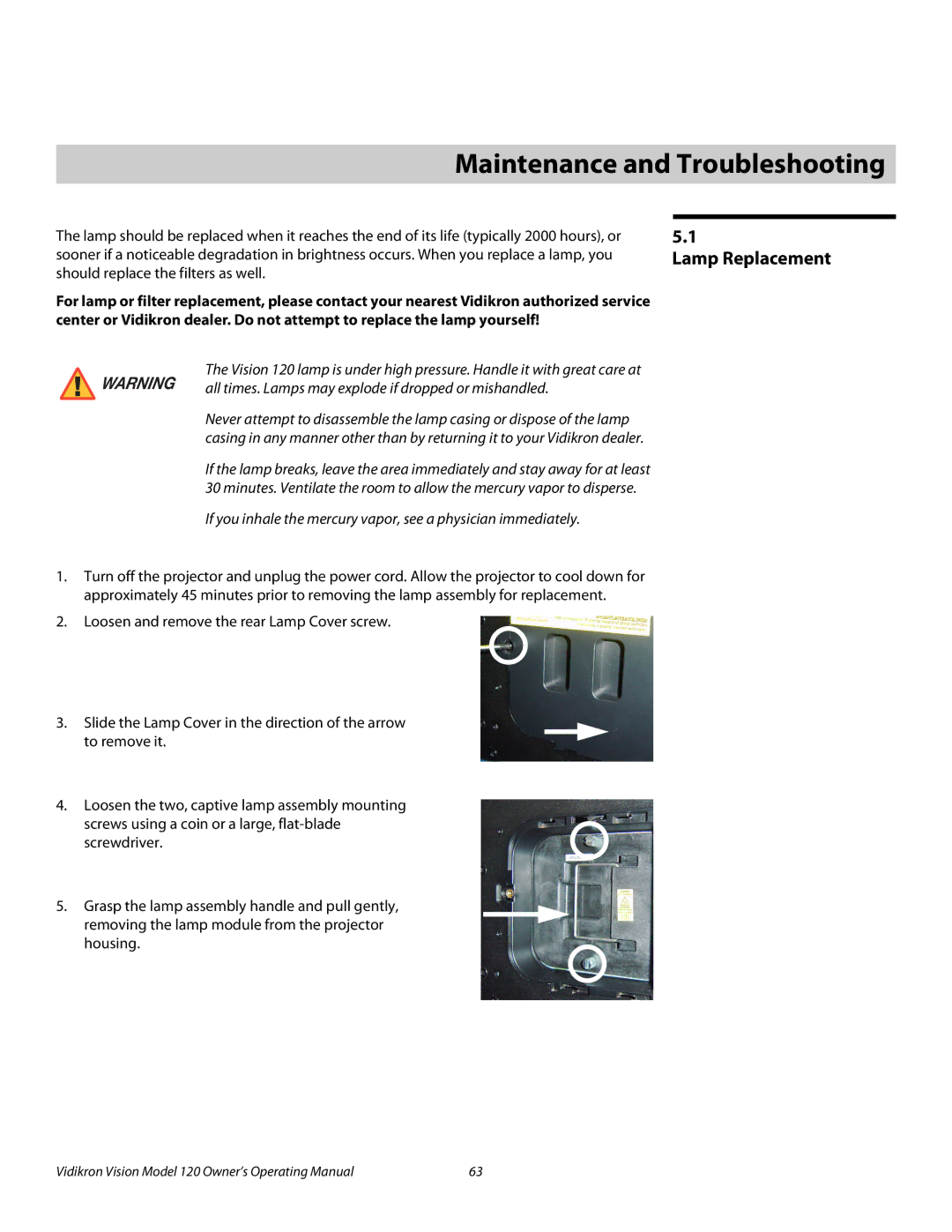 Vidikron v120 manual 5Maintenance and Troubleshooting, Lamp Replacement 