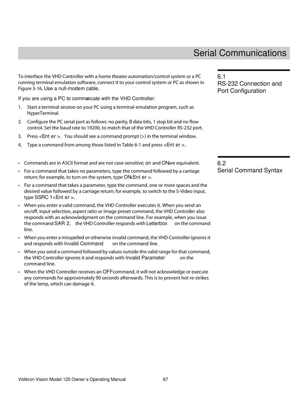 Vidikron v120 manual 6Serial Communications, Serial Command Syntax, RS-232 Connection and Port Configuration 