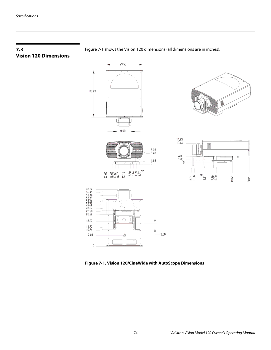 Vidikron v120 manual Vision 120 Dimensions, Vision 120/CineWide with AutoScope Dimensions 