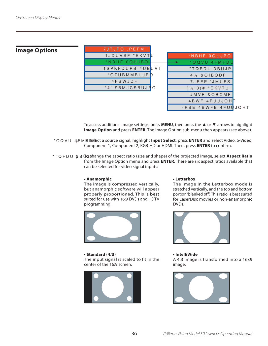 Vidikron VERSION 50 manual Image Options, Anamorphic Letterbox, Standard 4/3, IntelliWide 