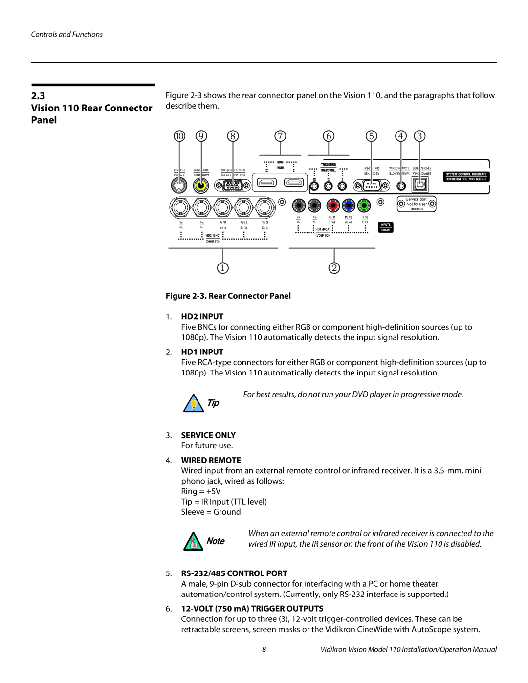 Vidikron operation manual Vision 110 Rear Connector Panel, RS-232/485 Control Port, Volt 750 mA Trigger Outputs 