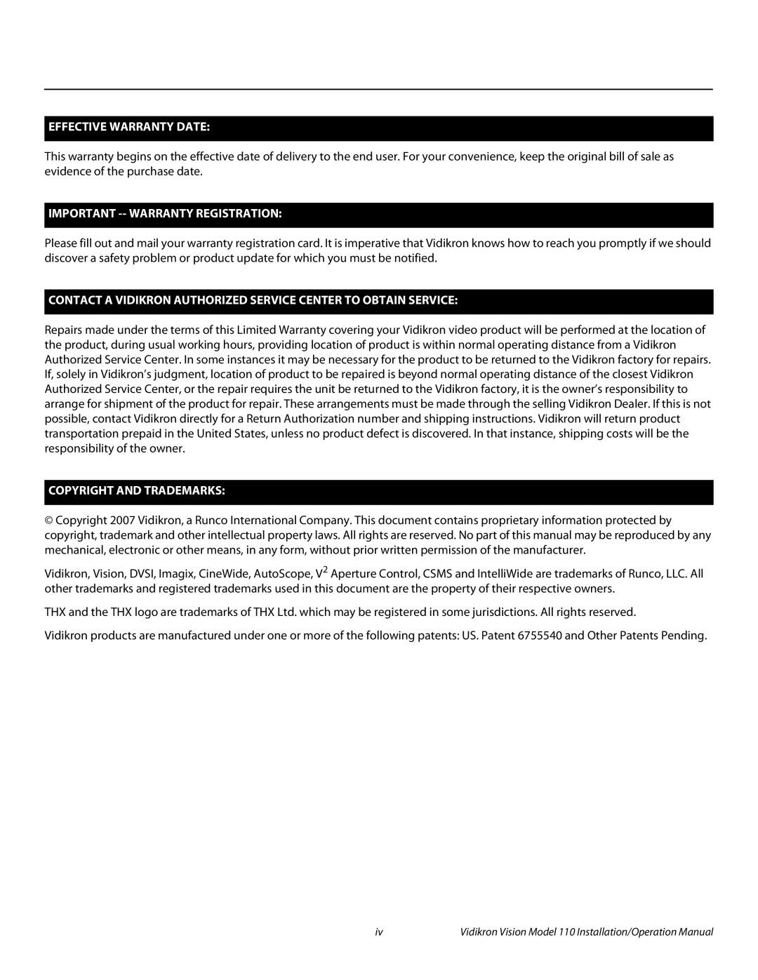 Vidikron Vision 110 operation manual Effective Warranty Date 