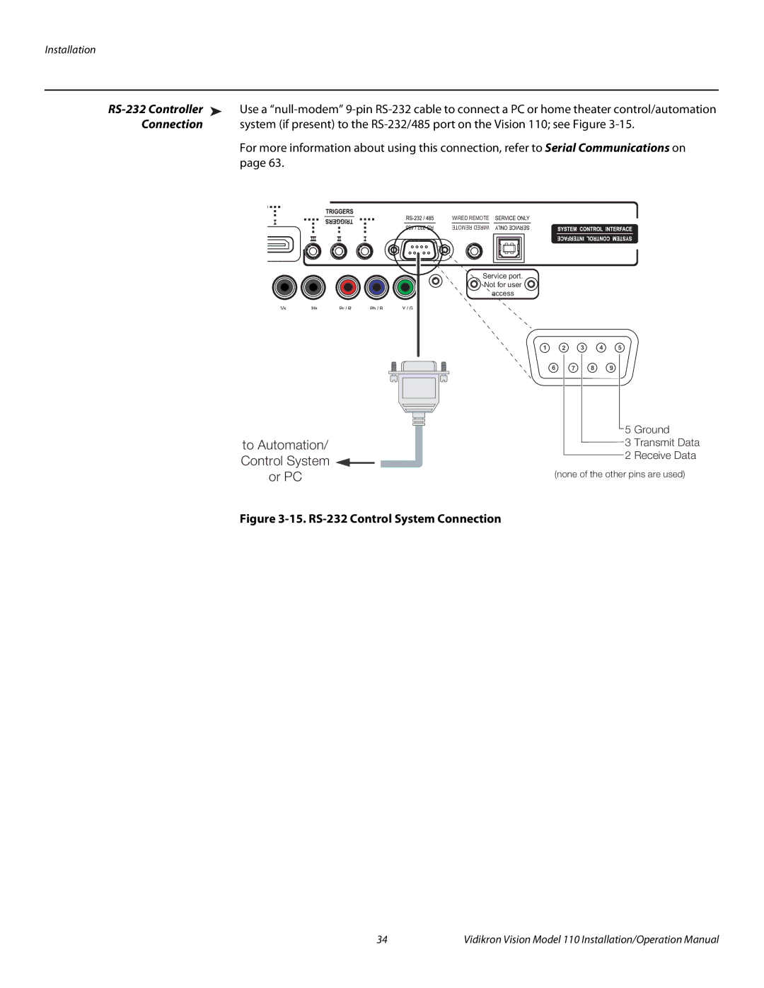 Vidikron Vision 110 operation manual RS-232 Control System Connection 