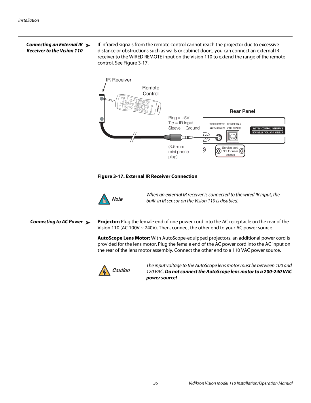 Vidikron Vision 110 operation manual Connecting an External IR, Receiver to the Vision, Rear Panel, Power source 