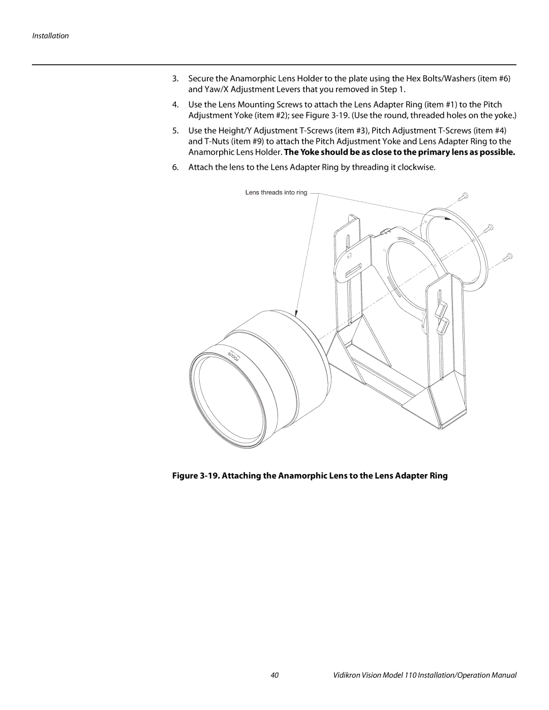 Vidikron Vision 110 operation manual Attaching the Anamorphic Lens to the Lens Adapter Ring 