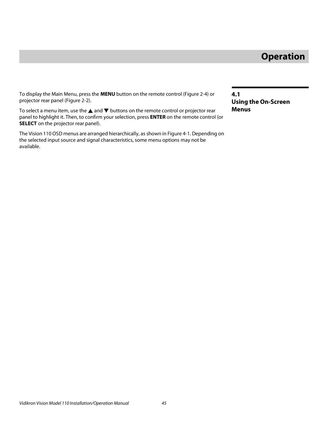 Vidikron Vision 110 operation manual 4Operation, Using the On-Screen Menus 