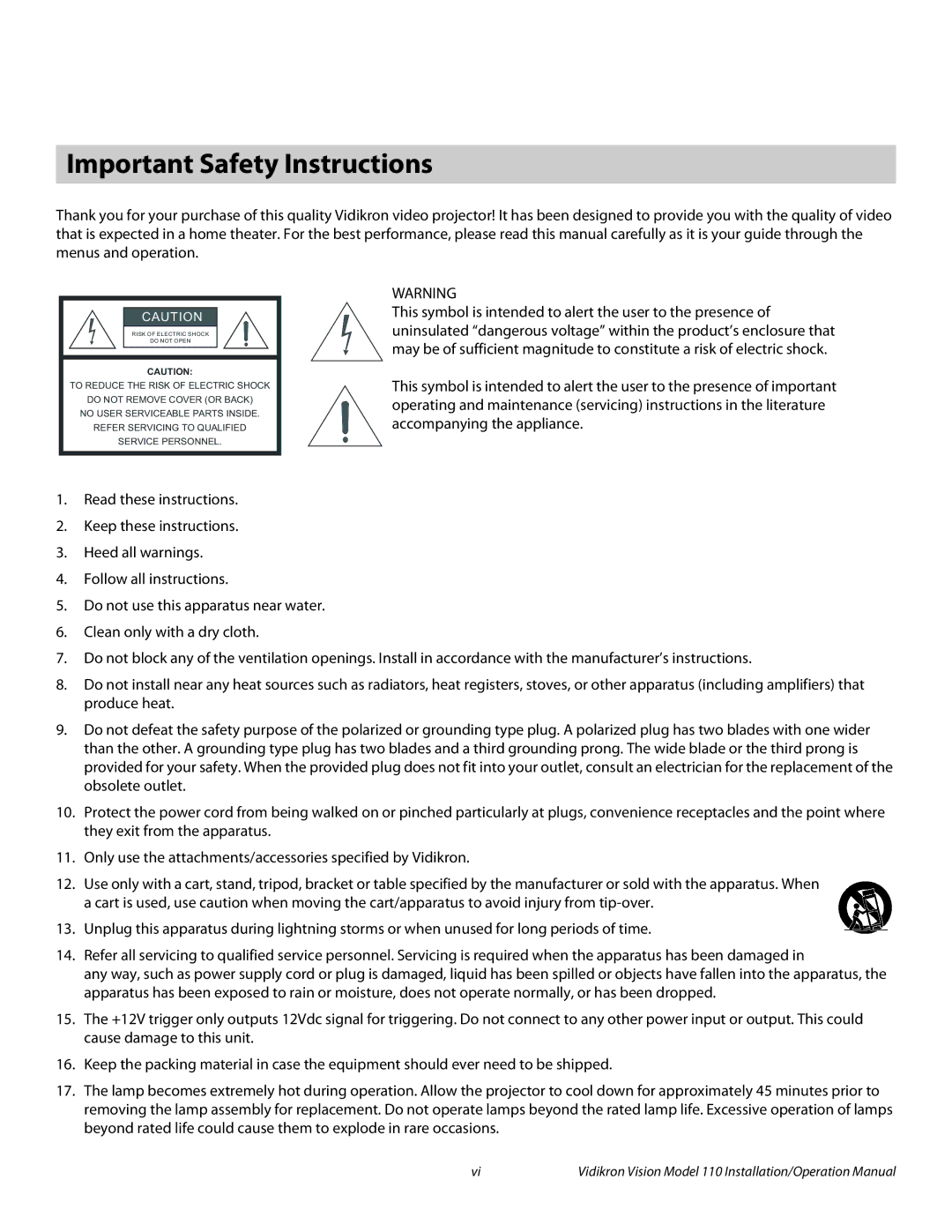 Vidikron Vision 110 operation manual Important Safety Instructions 