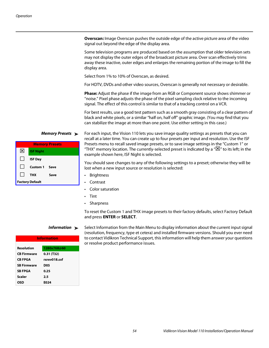 Vidikron Vision 110 operation manual Memory Presets, Information 