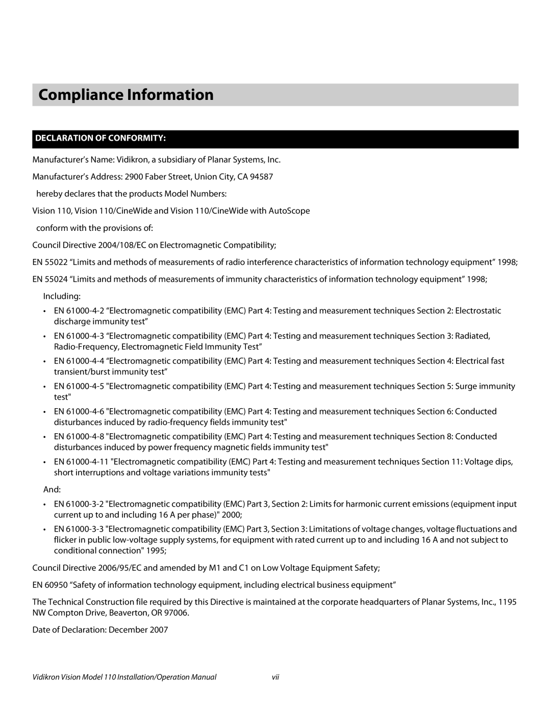 Vidikron Vision 110 operation manual Compliance Information, Declaration of Conformity 