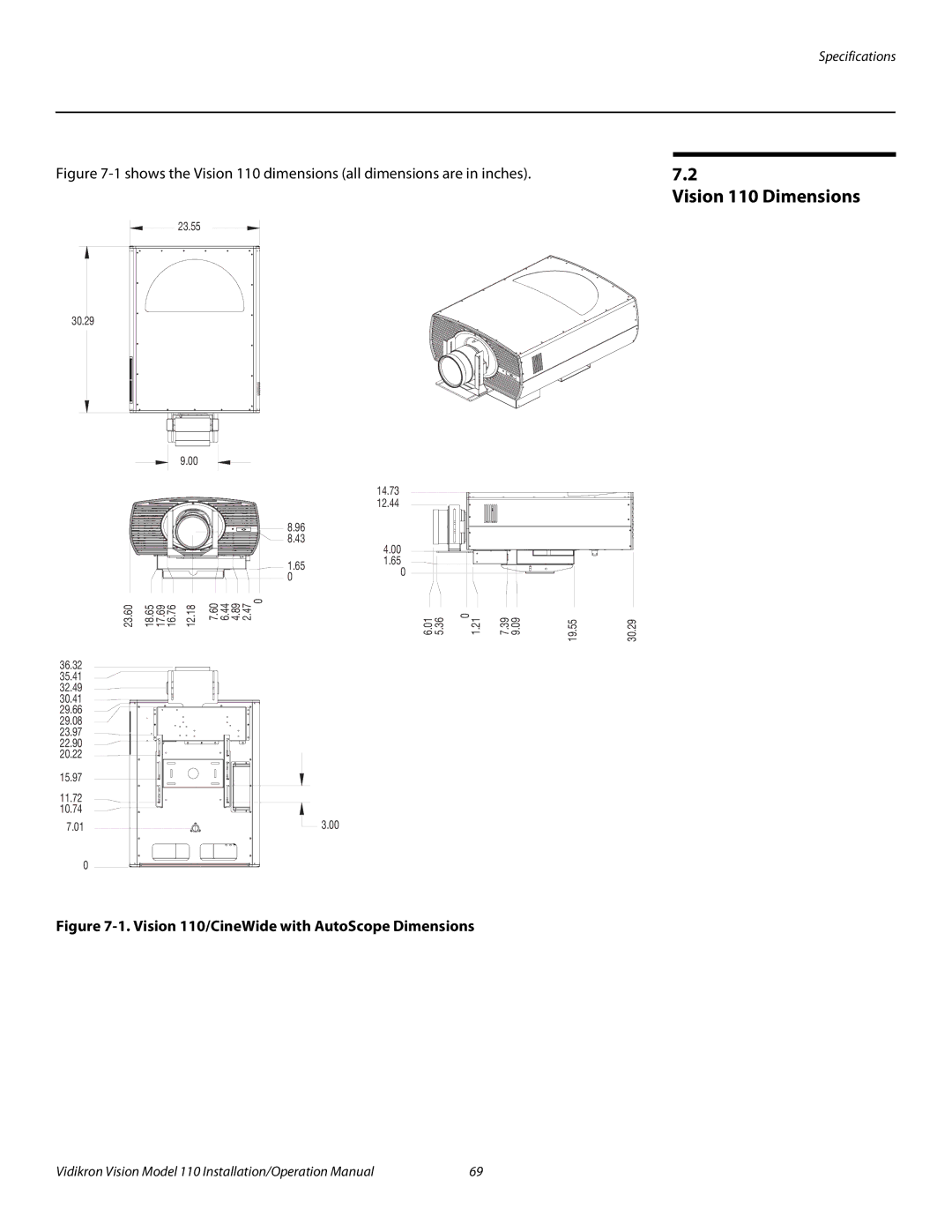 Vidikron operation manual Vision 110 Dimensions, Vision 110/CineWide with AutoScope Dimensions 