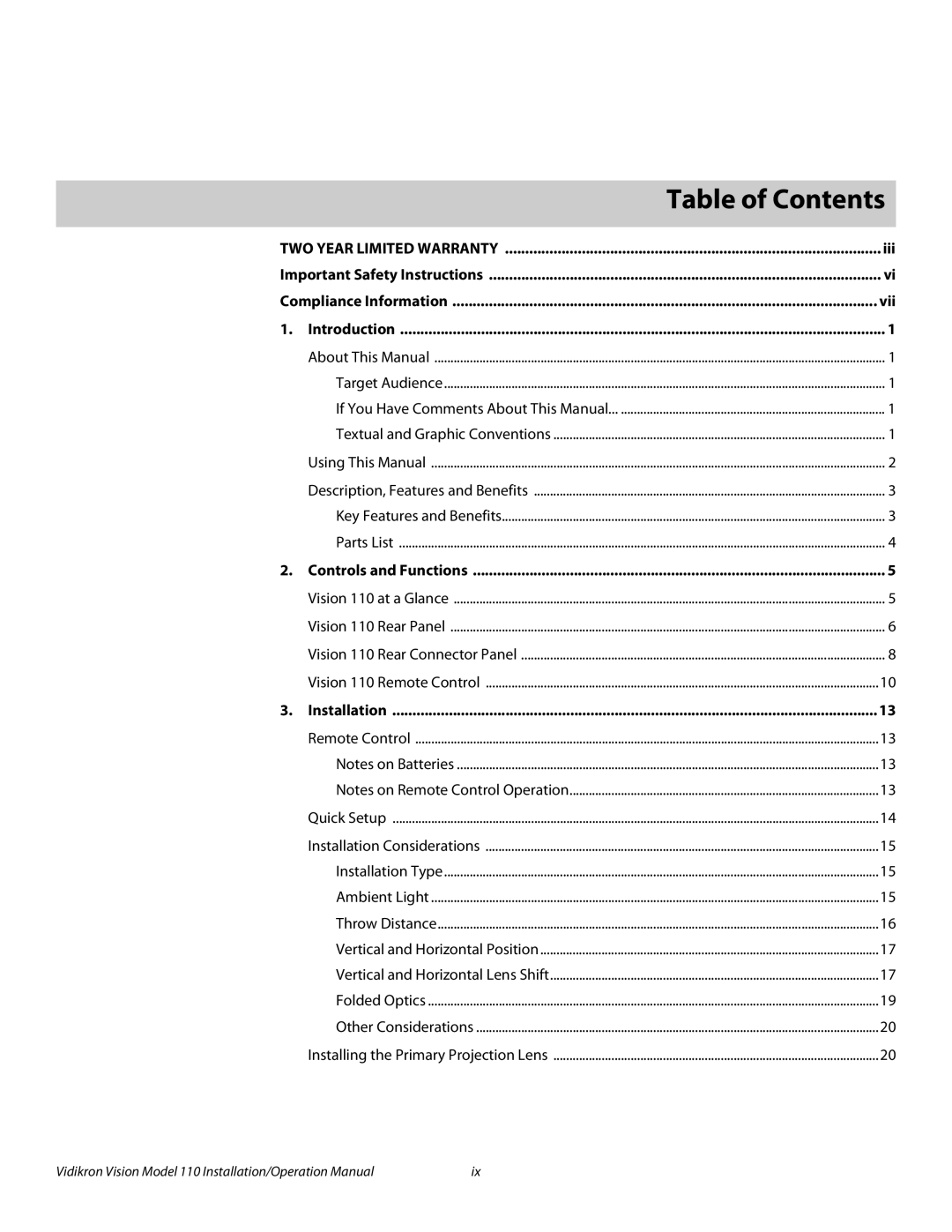 Vidikron Vision 110 operation manual 1Table of Contents 