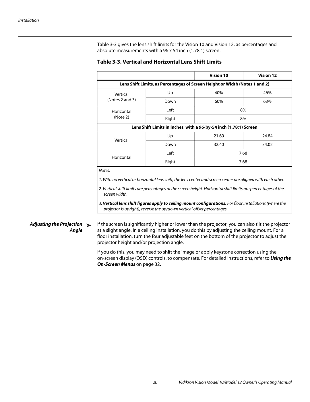 Vidikron Vision 12, Vision 10 manual Vertical and Horizontal Lens Shift Limits, Adjusting the Projection, Angle 
