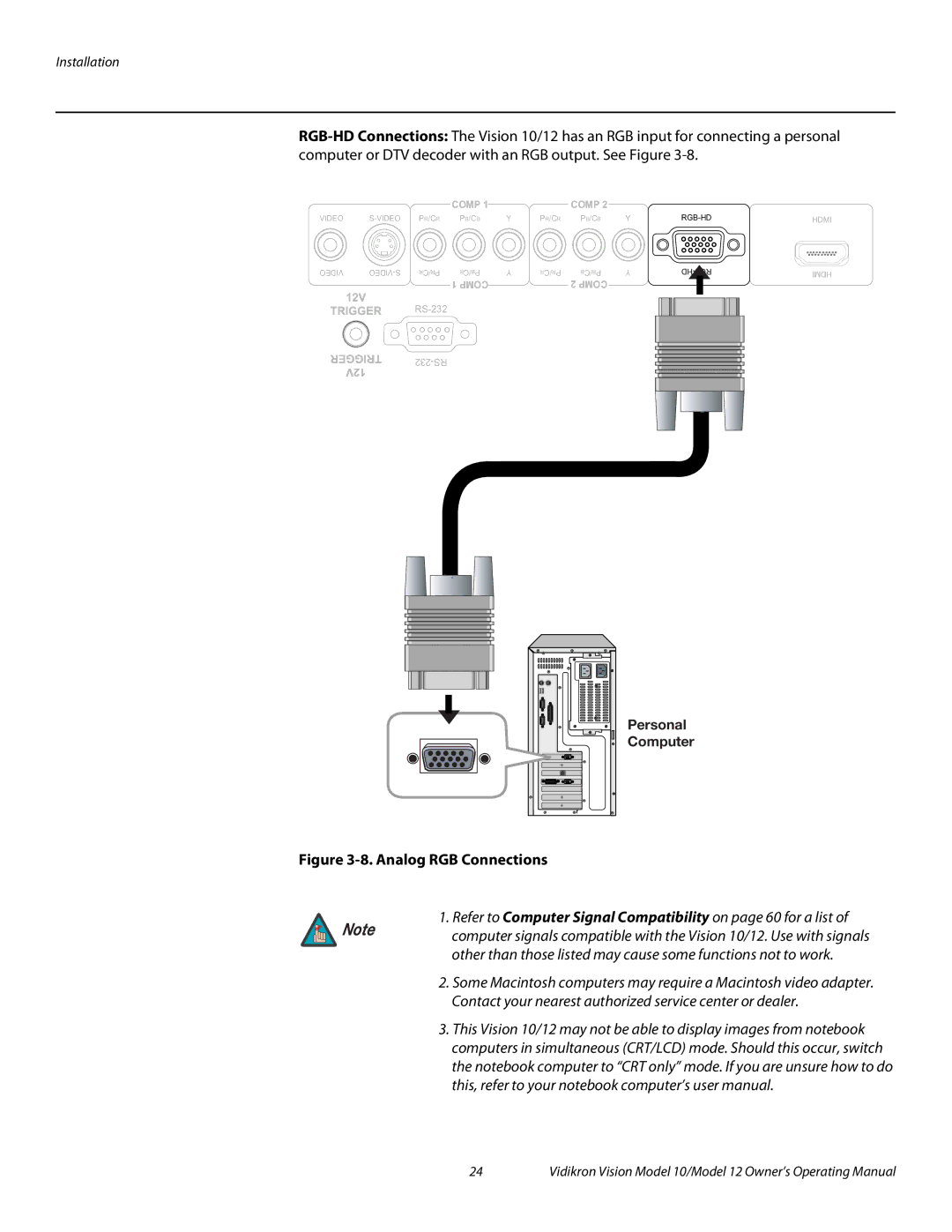 Vidikron Vision 12, Vision 10 manual Analog RGB Connections 