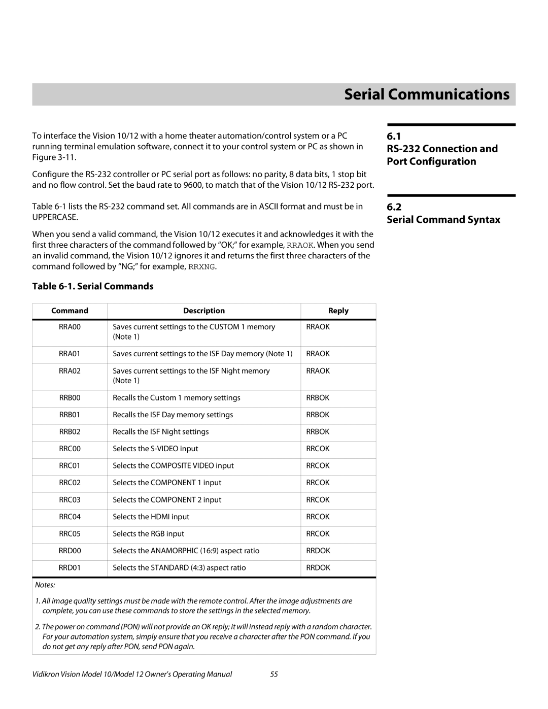 Vidikron Vision 10, Vision 12 manual 6Serial Communications, Serial Command Syntax, RS-232 Connection and Port Configuration 