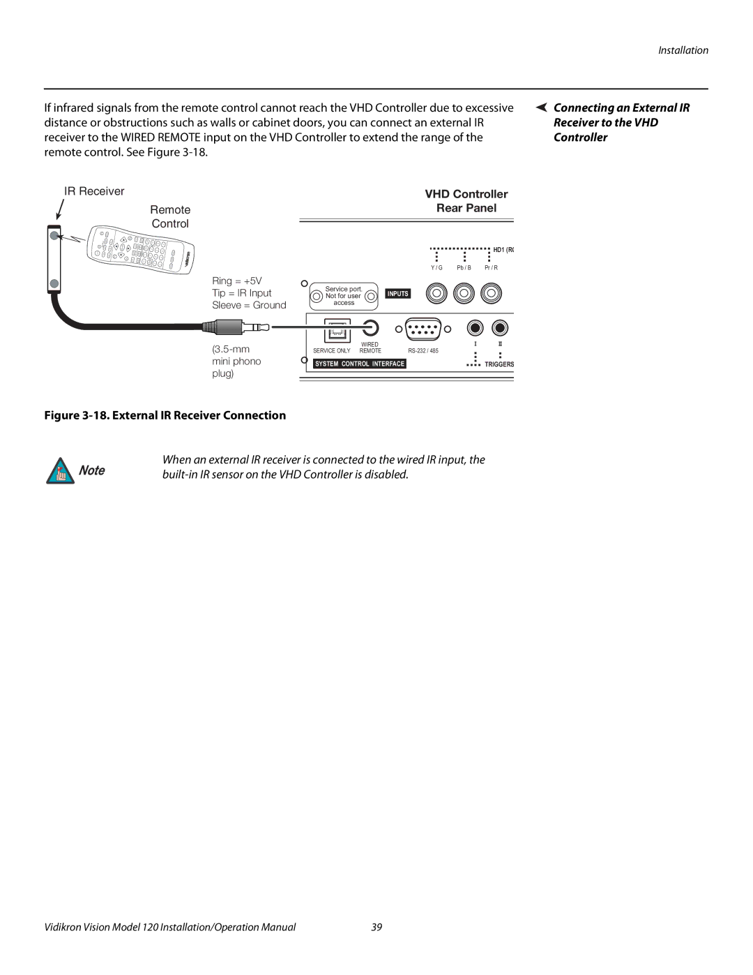 Vidikron Vision 120 operation manual Connecting an External IR Receiver to the VHD Controller, Rear Panel 