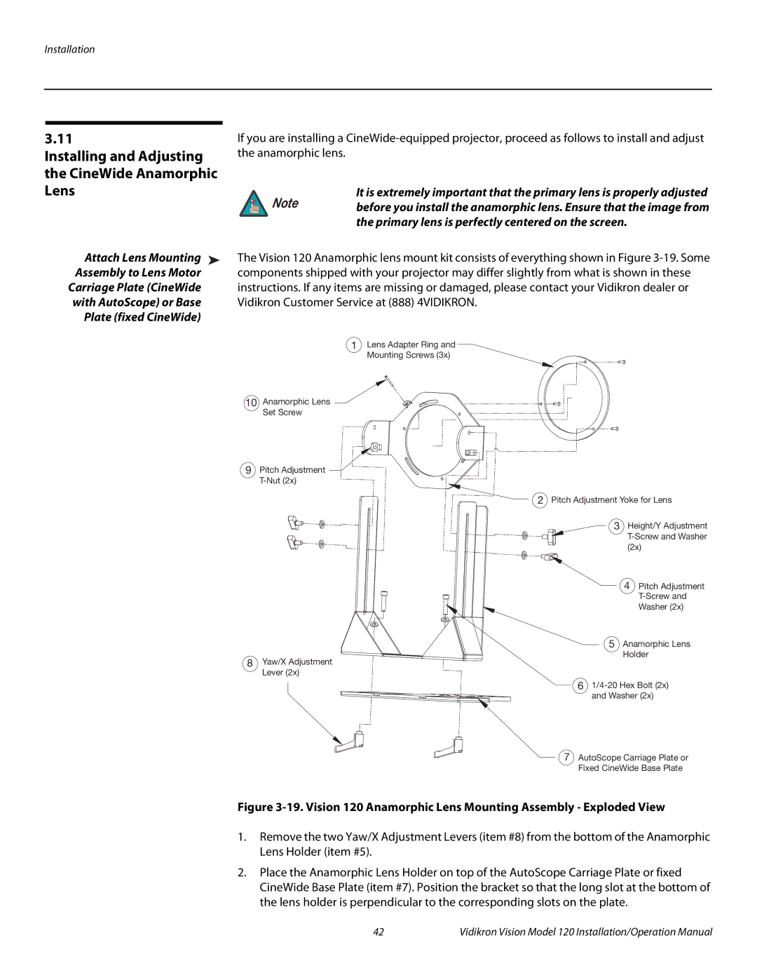 Vidikron Vision 120 operation manual Installing and Adjusting the CineWide Anamorphic Lens, Plate fixed CineWide 