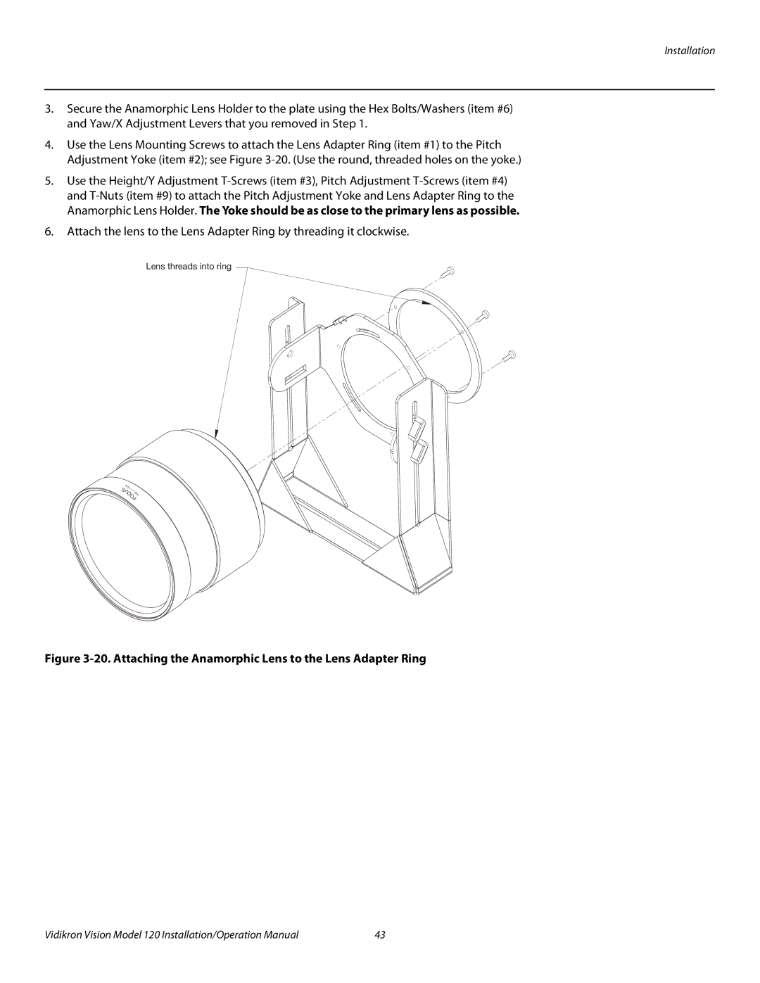 Vidikron Vision 120 operation manual Attaching the Anamorphic Lens to the Lens Adapter Ring 