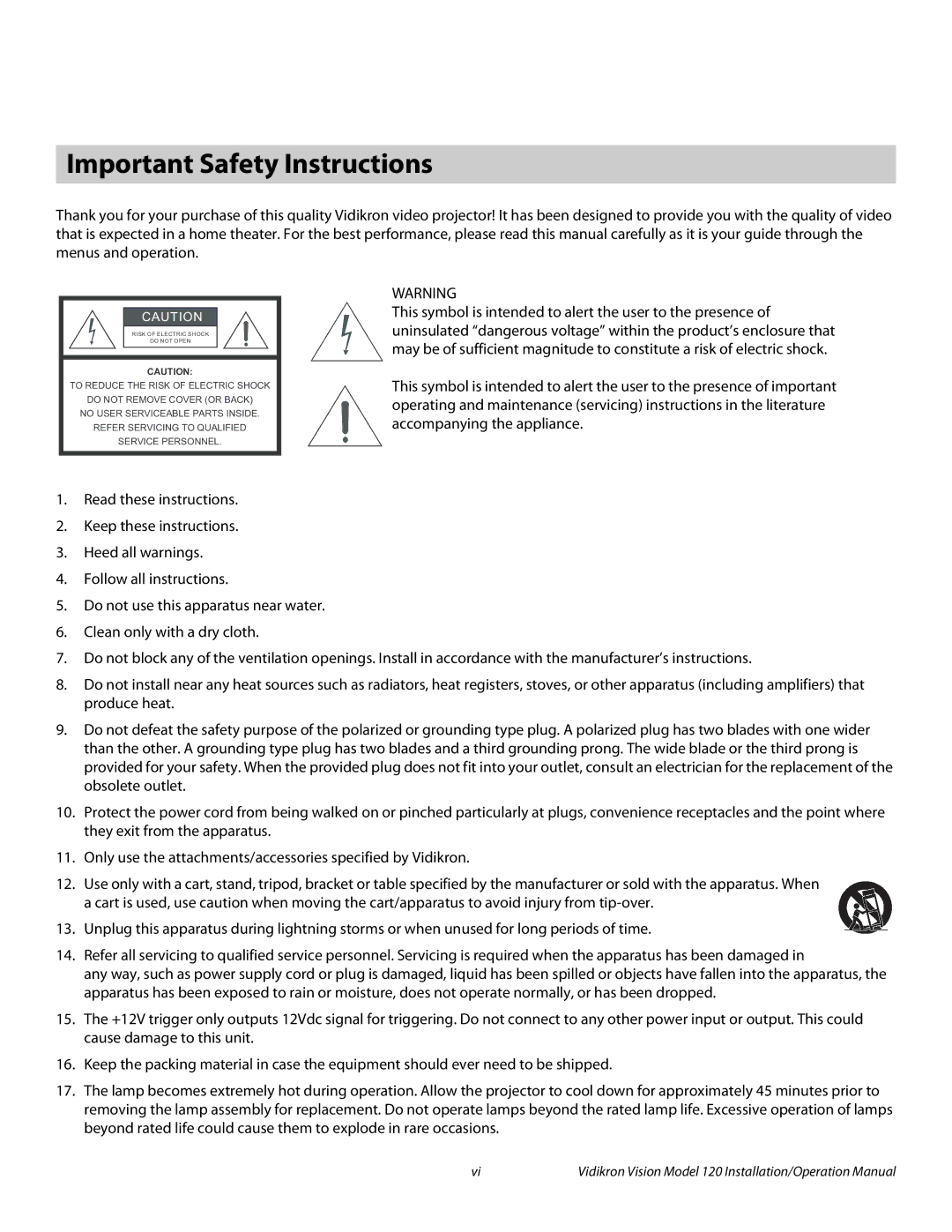 Vidikron Vision 120 operation manual Important Safety Instructions 