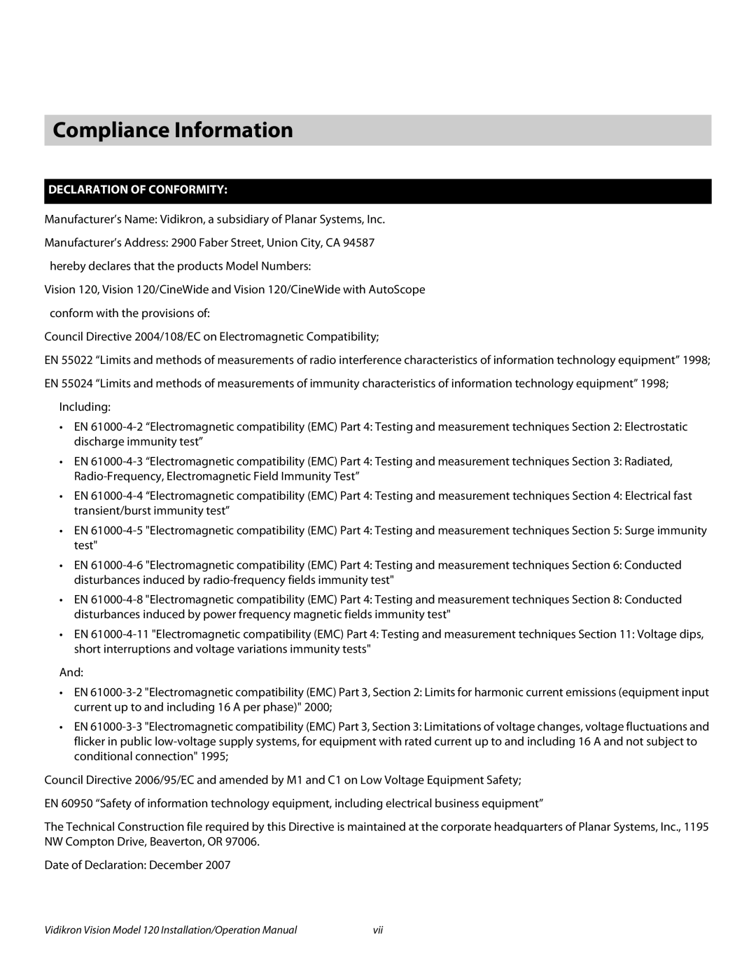 Vidikron Vision 120 operation manual Compliance Information, Declaration of Conformity 