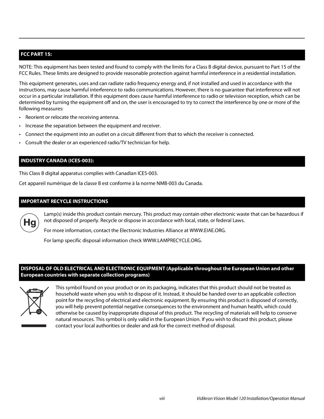 Vidikron Vision 120 operation manual FCC Part 