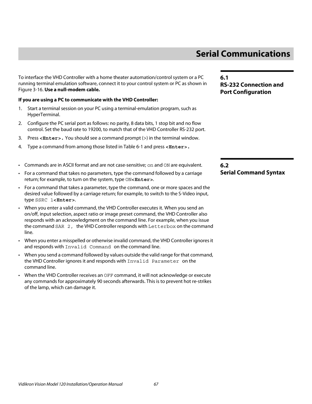 Vidikron Vision 120 6Serial Communications, Serial Command Syntax, RS-232 Connection and Port Configuration 
