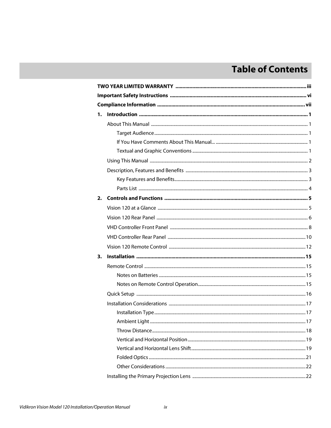 Vidikron Vision 120 operation manual 1Table of Contents 