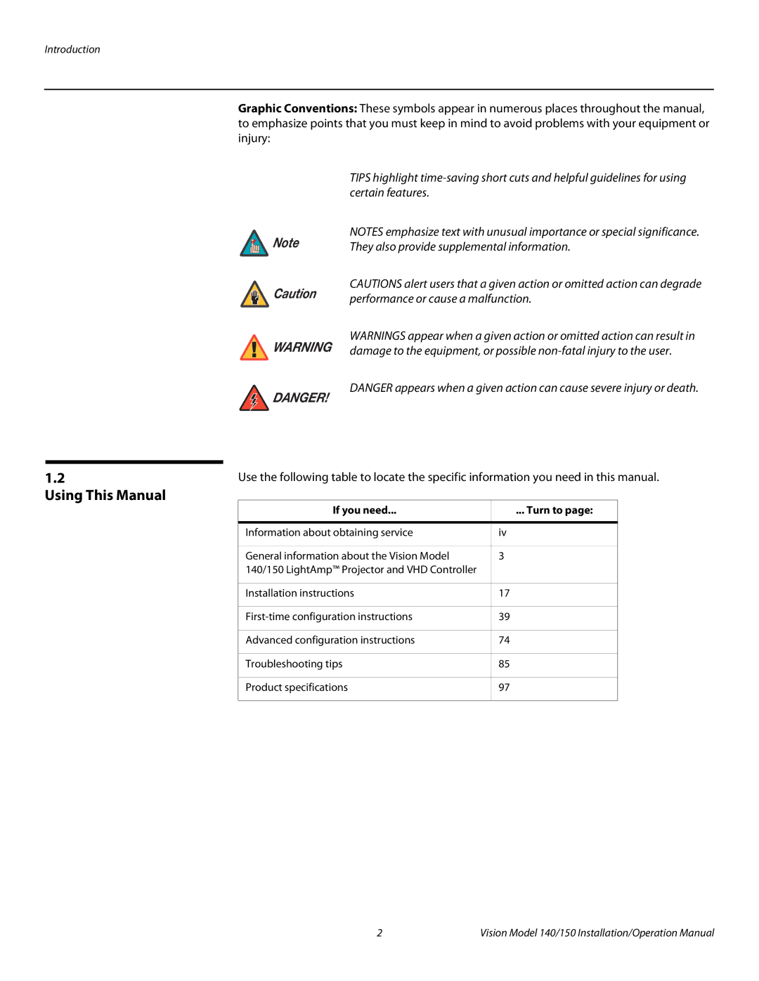 Vidikron Vision 140 Using This Manual, They also provide supplemental information, Performance or cause a malfunction 