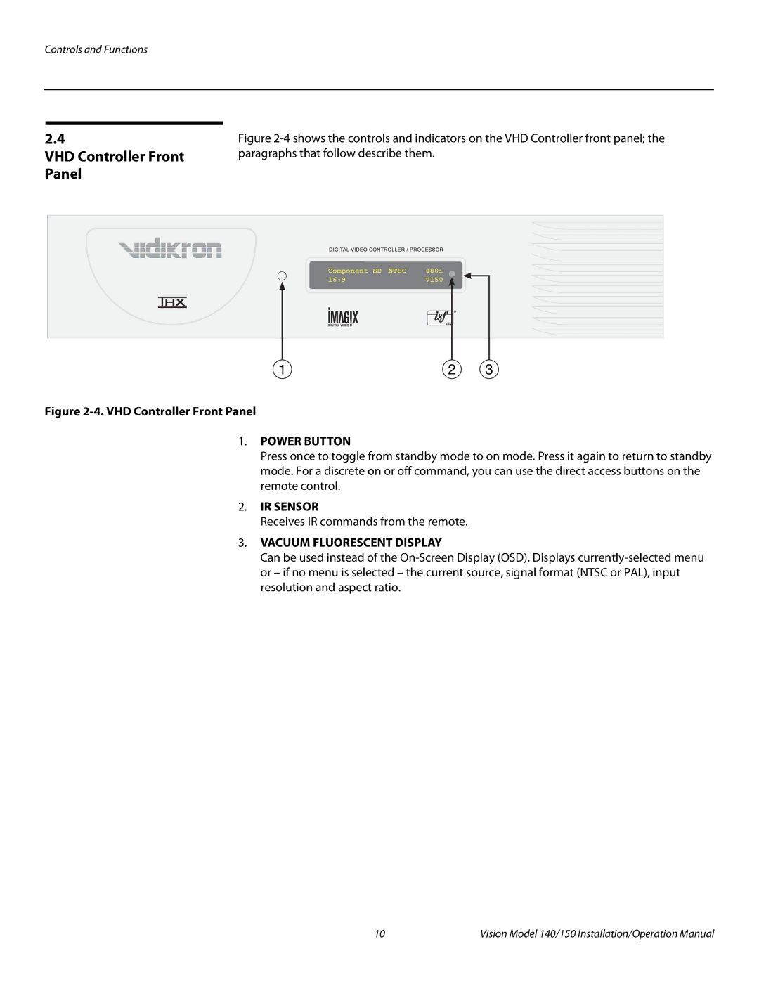 Vidikron Vision 140, Vision 150 operation manual VHD Controller Front Panel, IR Sensor, Vacuum Fluorescent Display 