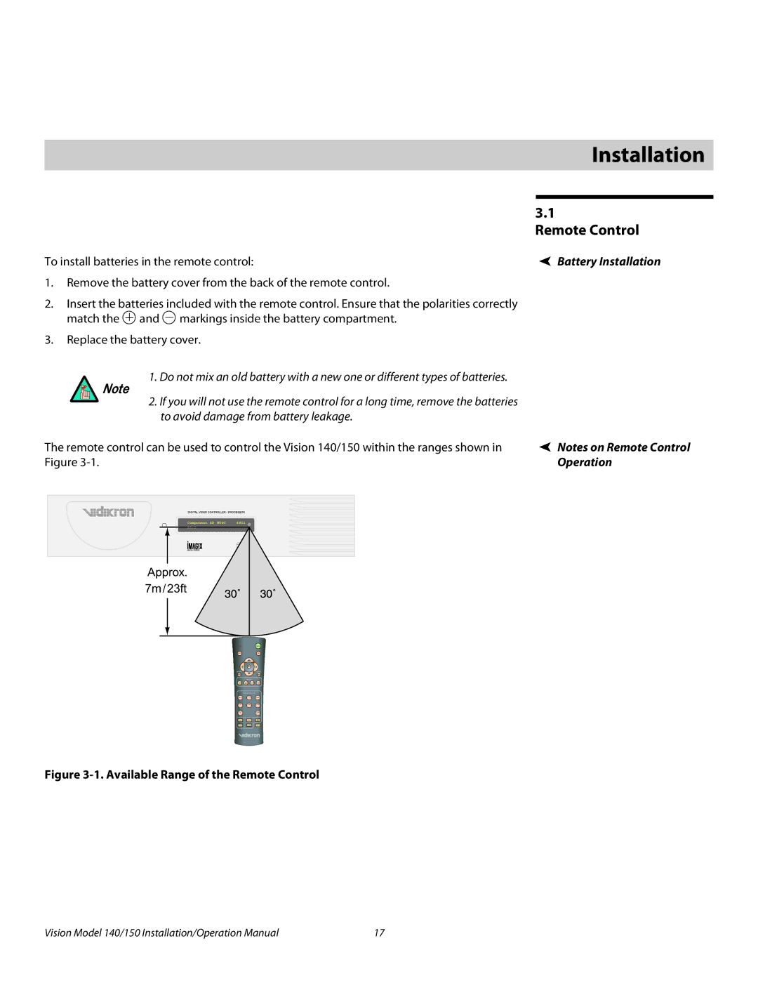 Vidikron Vision 150, Vision 140 3Installation, Remote Control, To install batteries in the remote control, Operation 