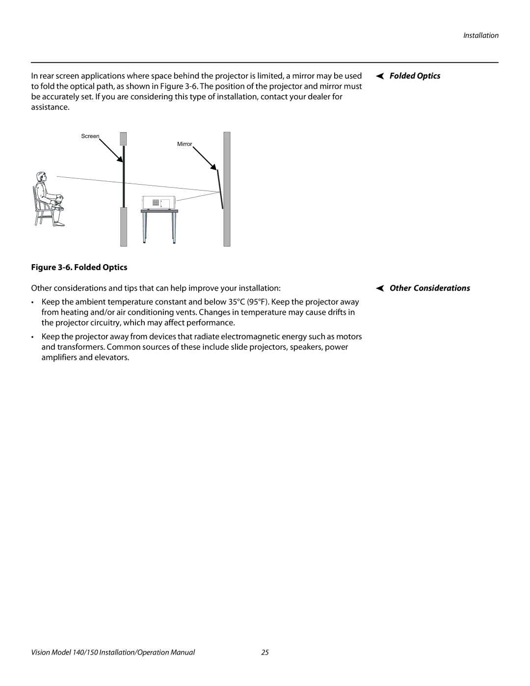 Vidikron Vision 150, Vision 140 operation manual Folded Optics 