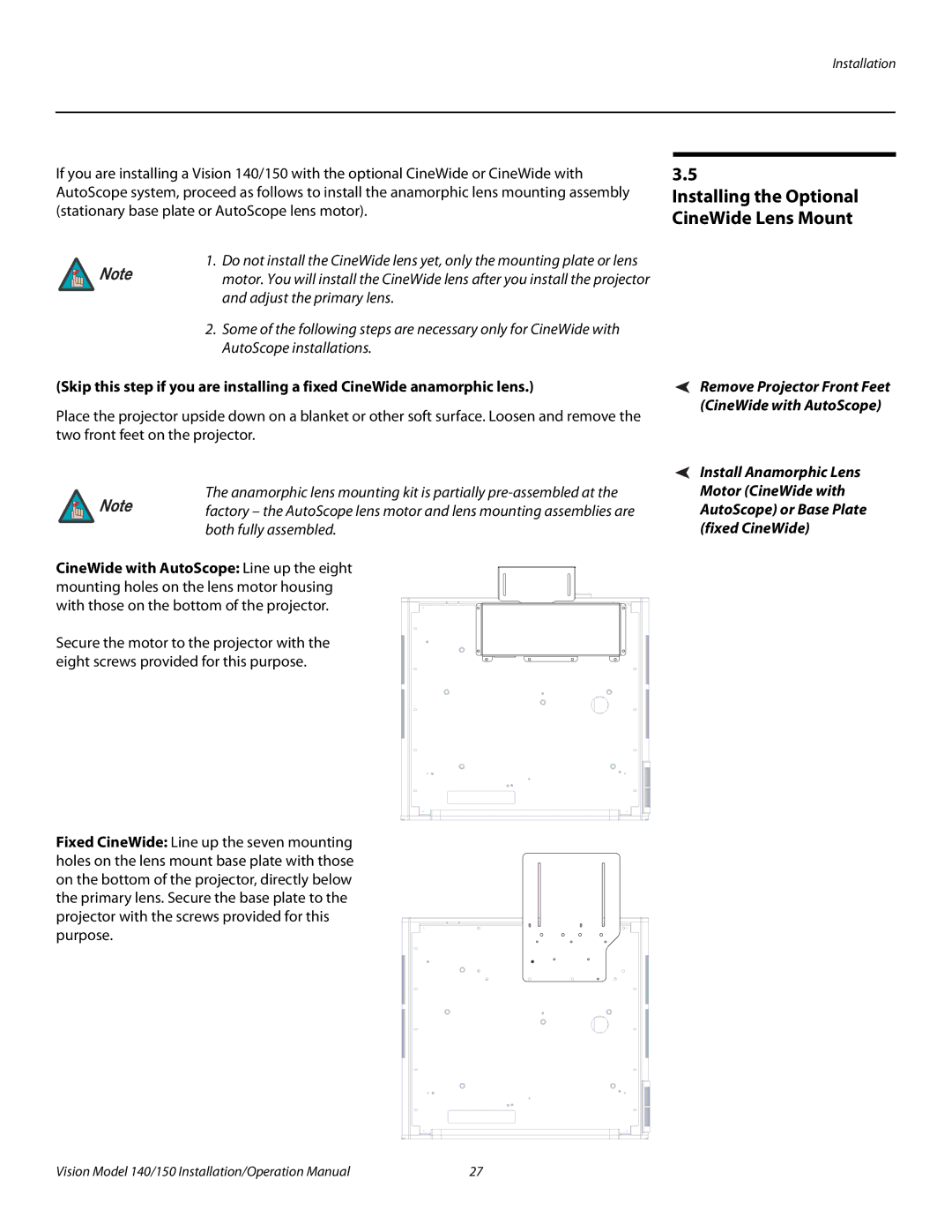 Vidikron Vision 150, Vision 140 operation manual Installing the Optional CineWide Lens Mount 