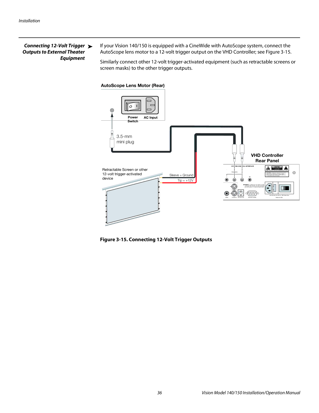 Vidikron Vision 140, Vision 150 operation manual Connecting 12-Volt Trigger, Equipment 