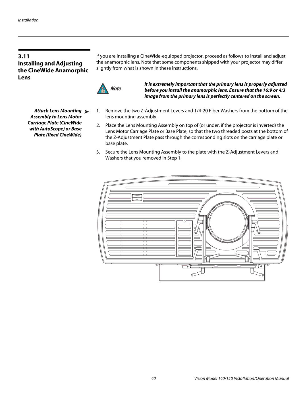 Vidikron Vision 140, Vision 150 operation manual Installing and Adjusting the CineWide Anamorphic Lens, Plate fixed CineWide 