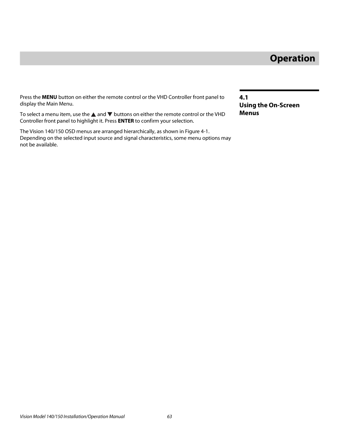 Vidikron Vision 150, Vision 140 operation manual 4Operation, Using the On-Screen Menus 