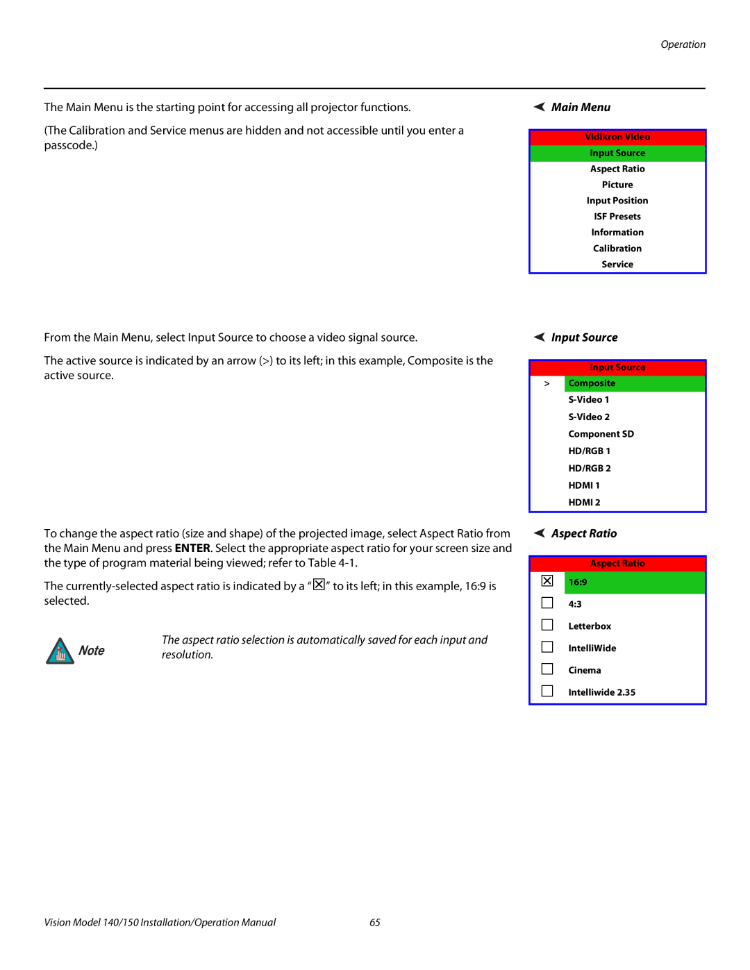 Vidikron Vision 150, Vision 140 operation manual Main Menu, Input Source, Aspect Ratio 