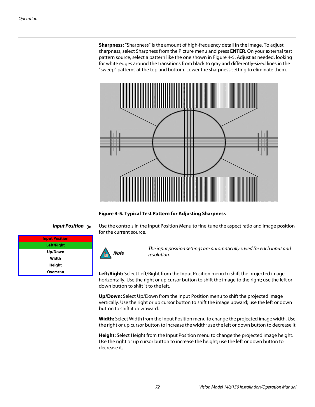 Vidikron Vision 140, Vision 150 operation manual Input Position, Typical Test Pattern for Adjusting Sharpness 