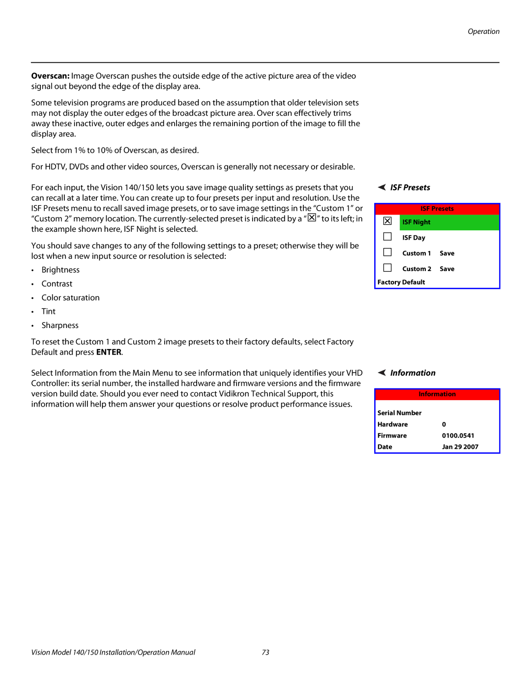 Vidikron Vision 150, Vision 140 operation manual ISF Presets, Information 