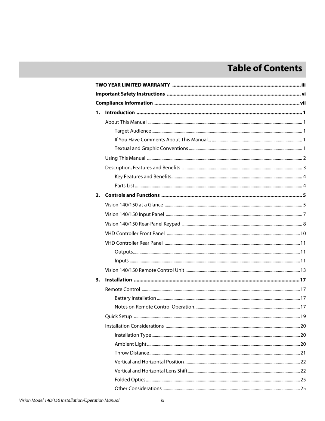 Vidikron Vision 150, Vision 140 operation manual 1Table of Contents 