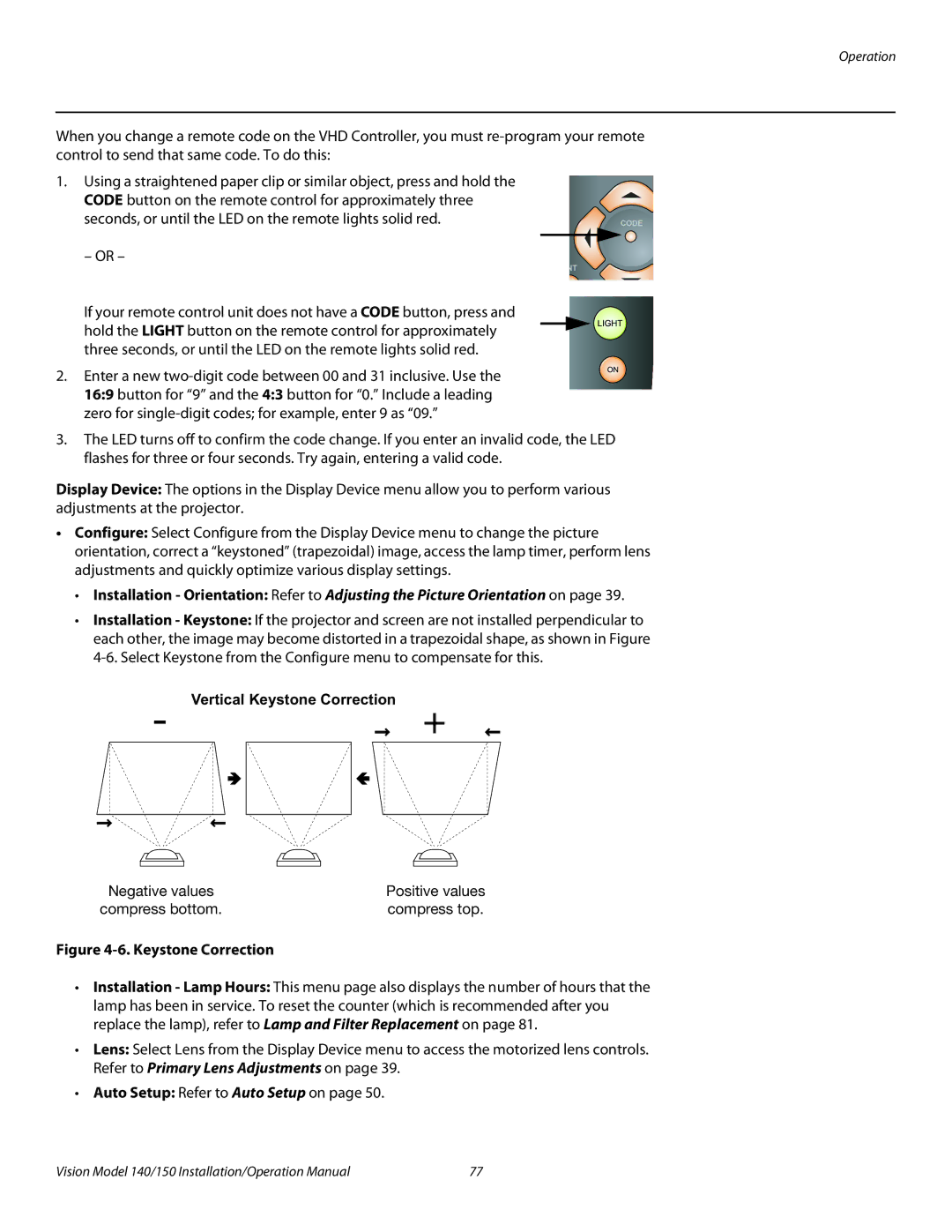 Vidikron Vision 150, Vision 140 operation manual Vertical Keystone Correction 