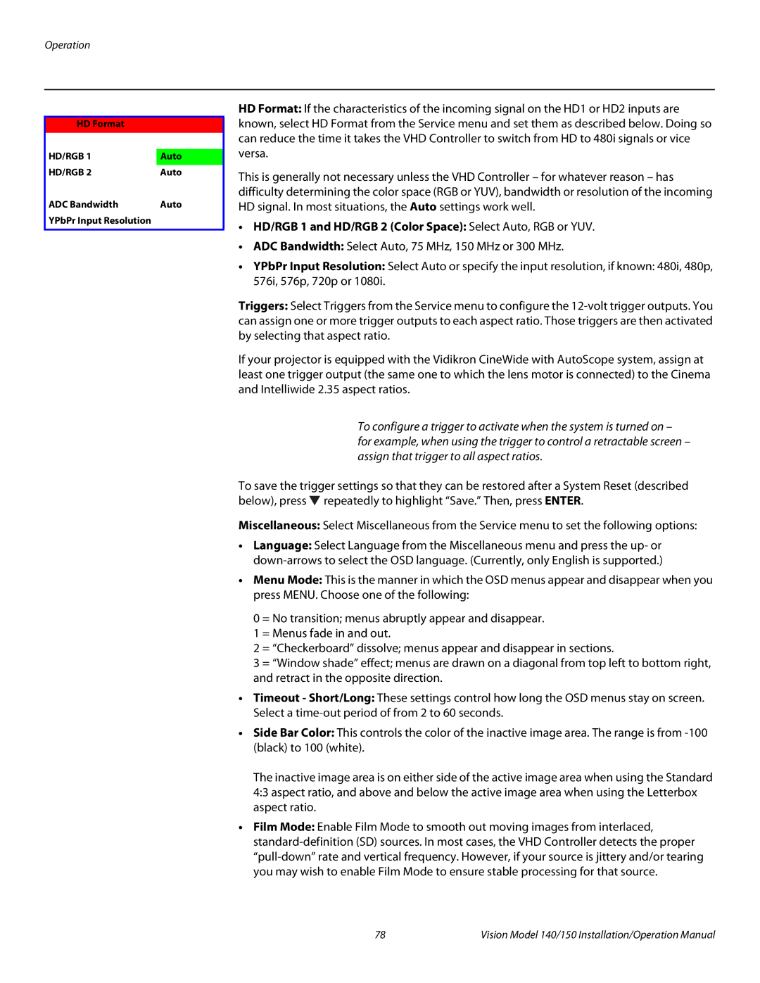 Vidikron Vision 140, Vision 150 operation manual HD/RGB 1 and HD/RGB 2 Color Space Select Auto, RGB or YUV 