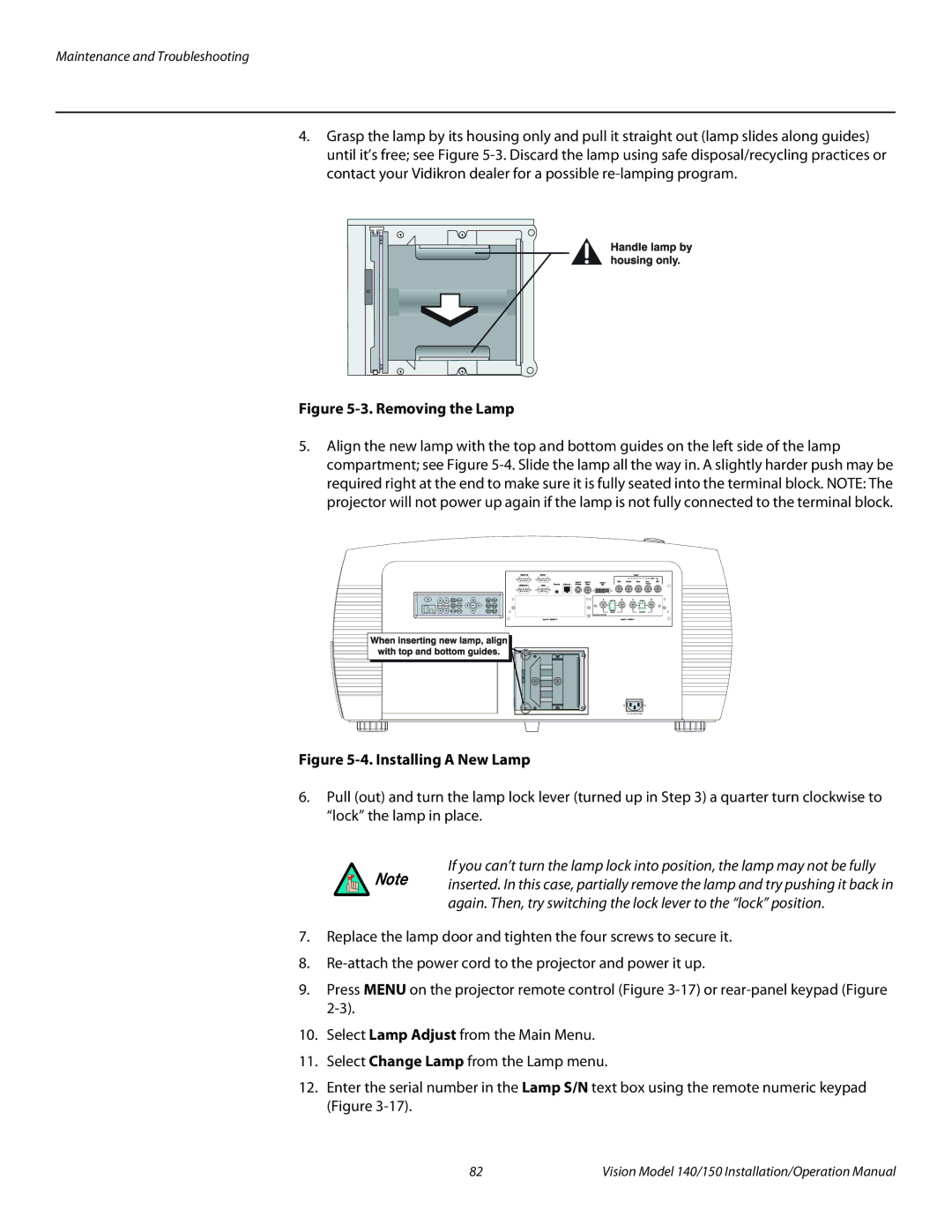 Vidikron Vision 140, Vision 150 operation manual Removing the Lamp 