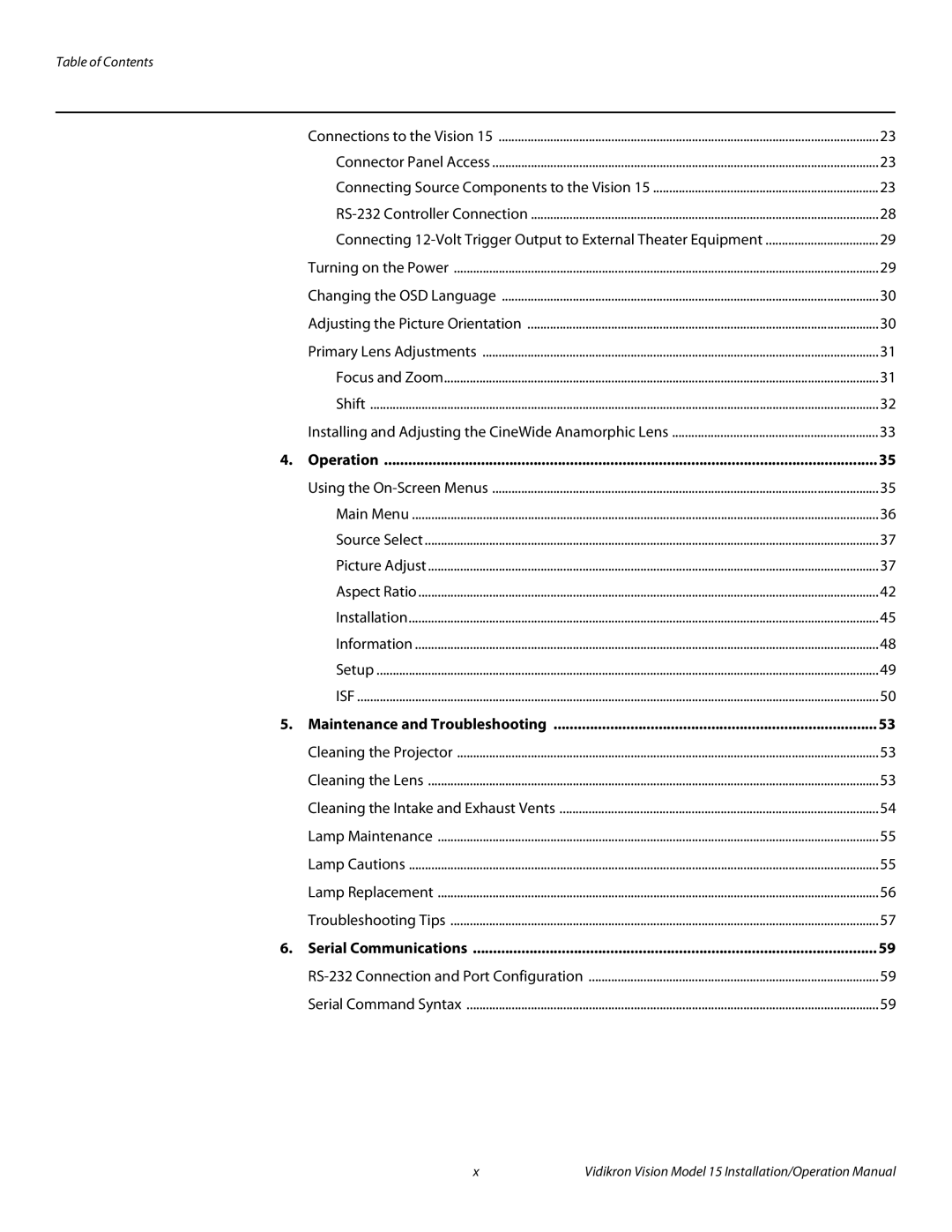 Vidikron Vision 15ET/CineWideTM operation manual Operation, Maintenance and Troubleshooting, Serial Communications 